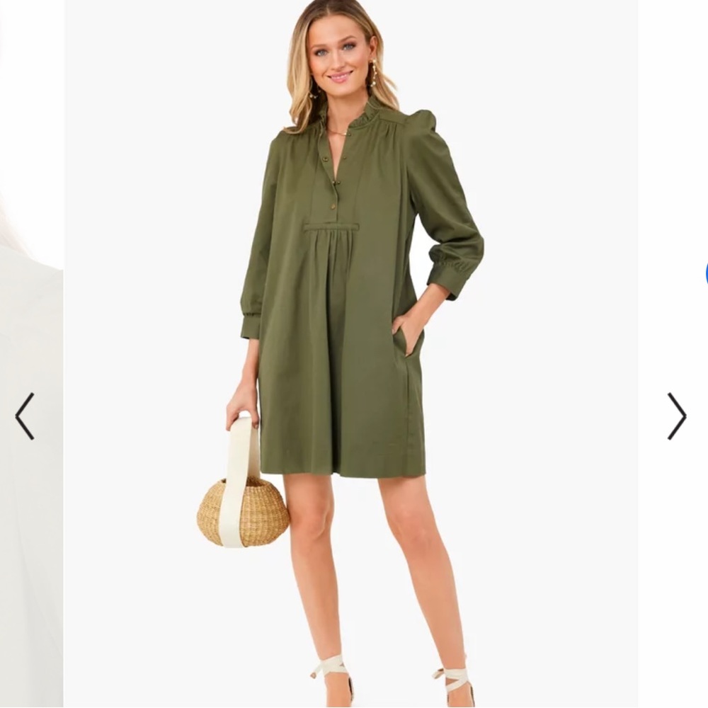 Olive Green V-Neck Puff Sleeve Shift Dress